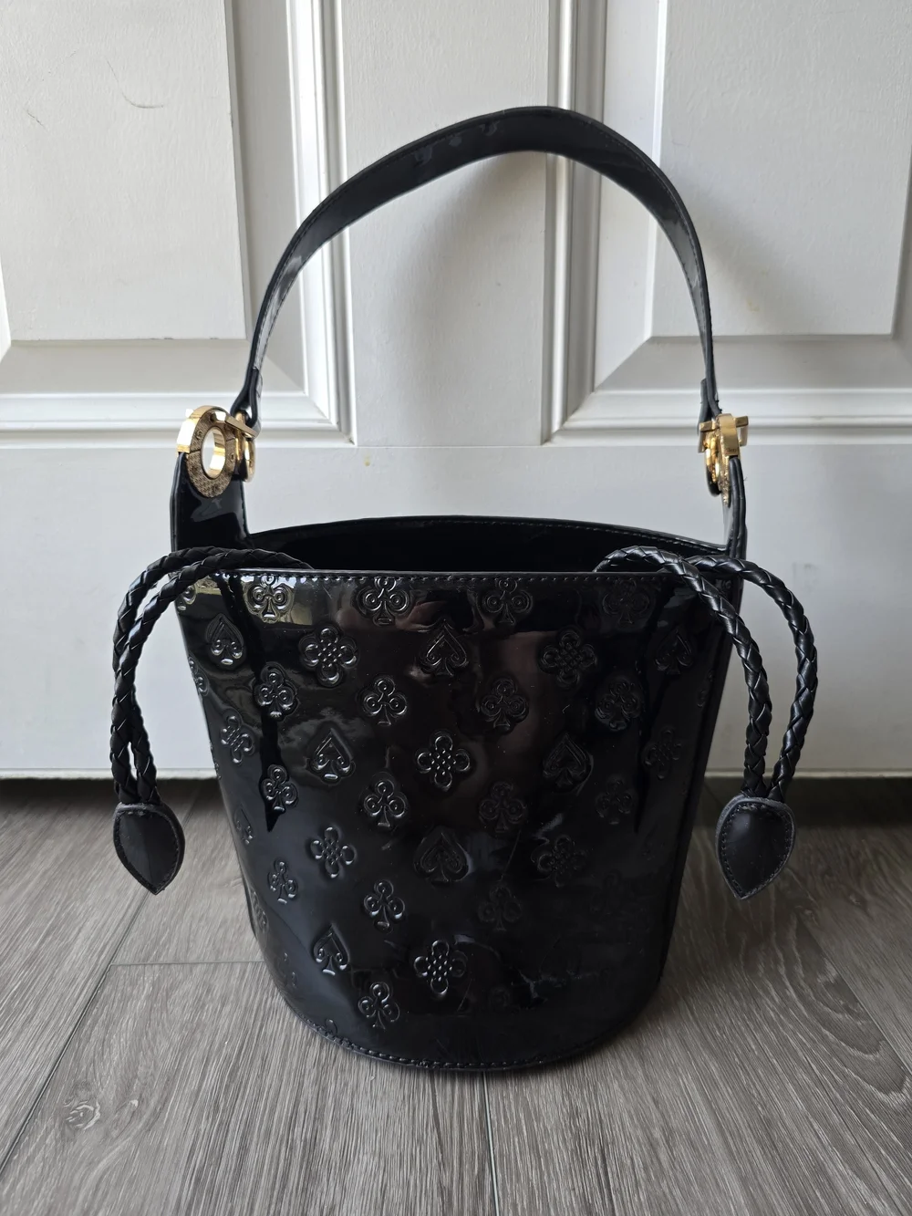 Eternel Black Patent Bucket Bag Embossed Spade Club Poker Print Gold Hardware